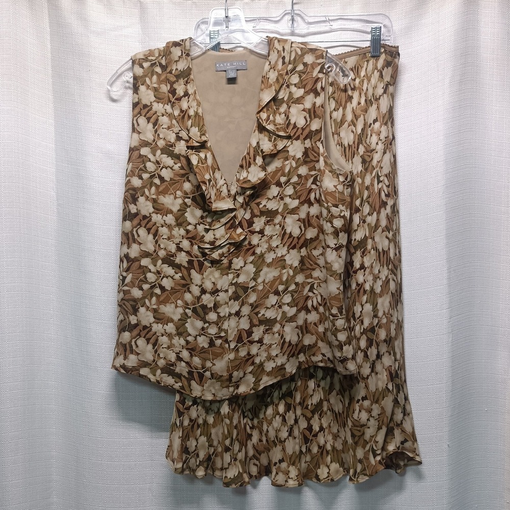Kate Hill Petite Women's 14P 2pc Floral 100% Silk Tank Top Blouse Skirt Set